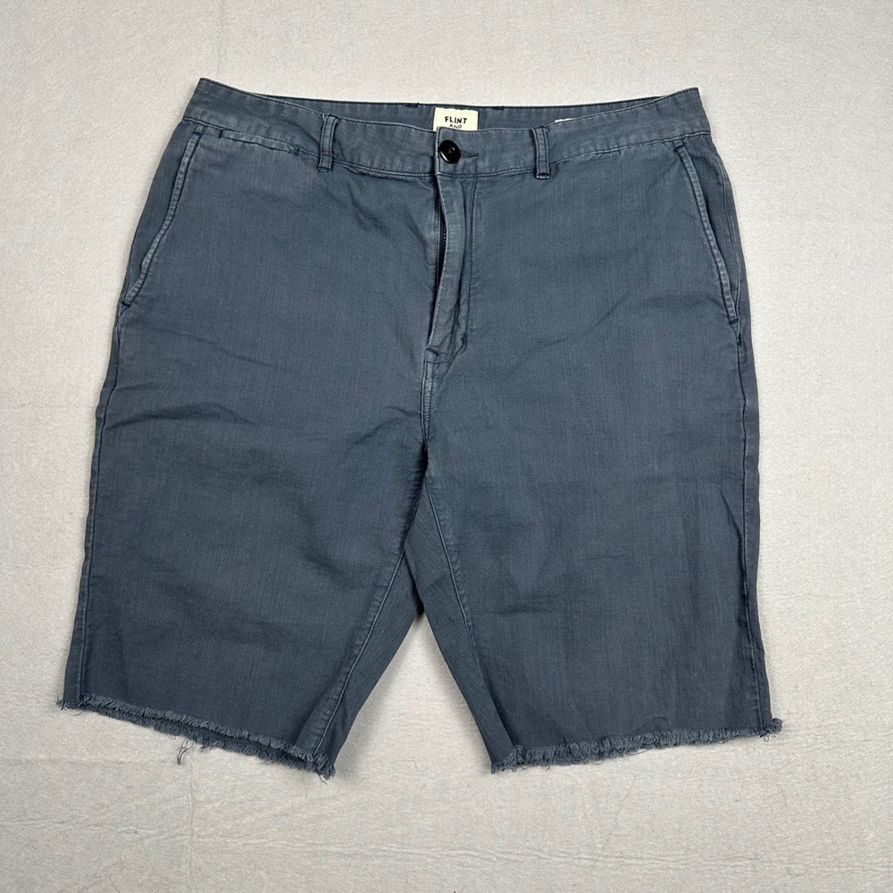 Flint and Tinder Straight Fit Cotton Linen Frayed Hem Shorts 33 Blue Huckberry